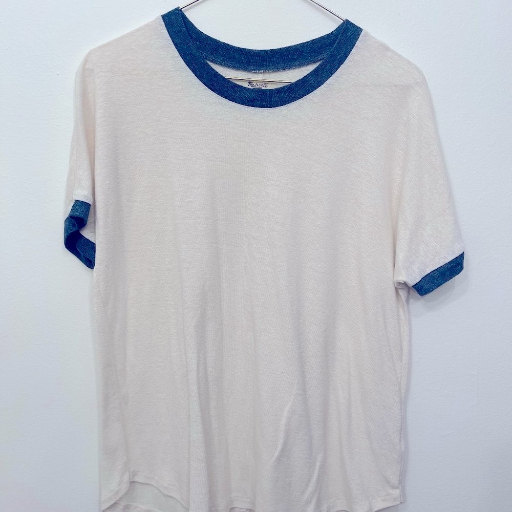 Madewell Ringer Tee - White & Blue - Cotton - Size Small